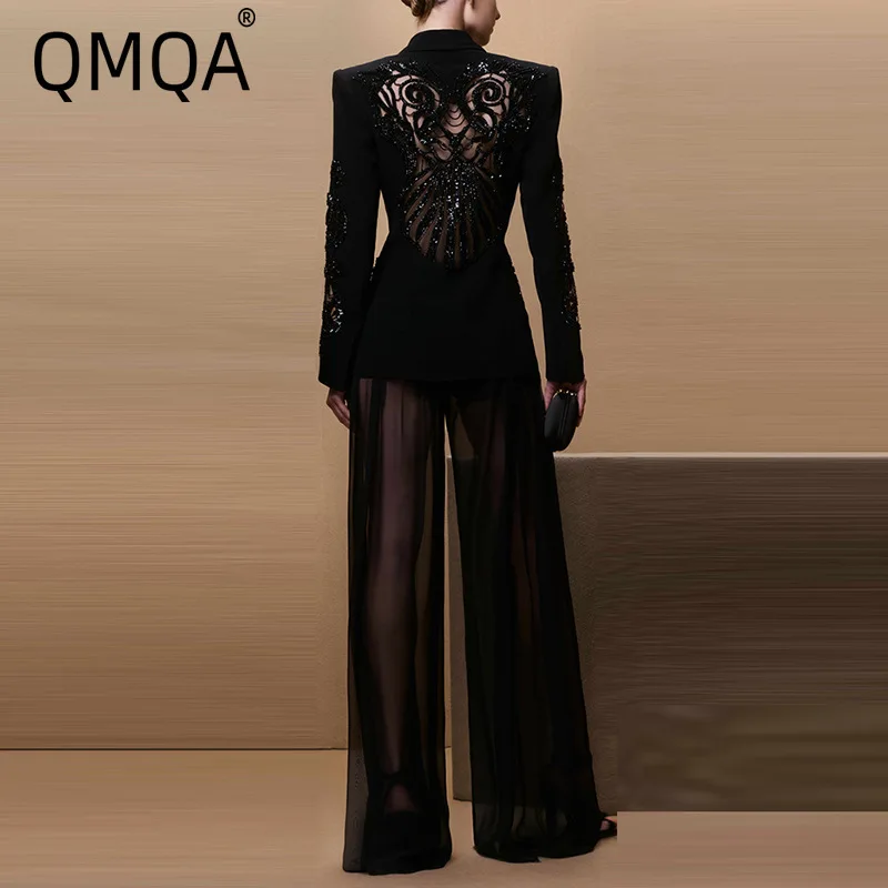 QMQA Fashion Women's Designer 2 Piece Set Long Sleeve Spliced Beads Blazer Coat High Waist Mesh Skirts Elegant Sets New 1A930