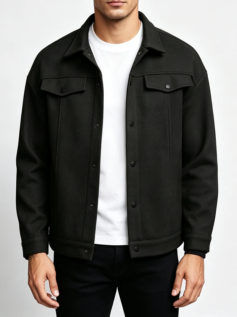 Herrenjacke mit lockerer Passform, gebürstet, kurz, langärmelig, mit Umlegekragen, einreihig, lässige Oberbekleidung für den täglichen Arbeitsweg und Streetwear – Detail 3