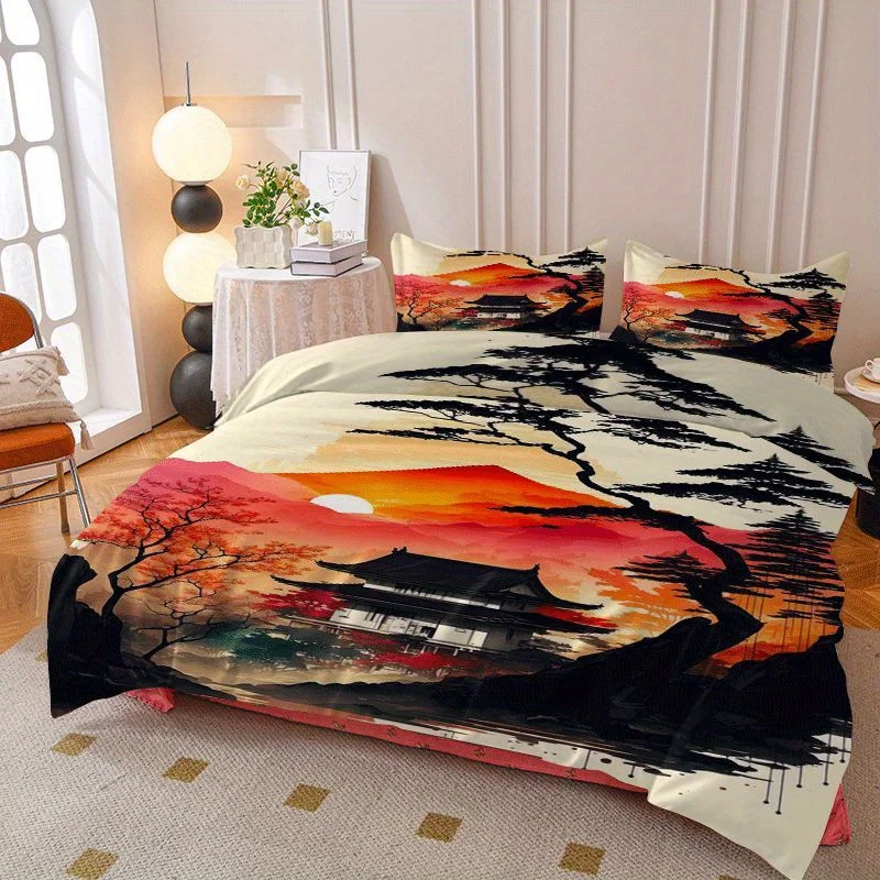 Soft Duvet Cover Set of Three, 2D Flat Printed Duvet Cover Set, Bedding Set with Japanese Mount Fuji Sunset Print, Machine Washable, Invisible Zipper, Large Duvet Cover Set, Bedding Set Quilt Cover