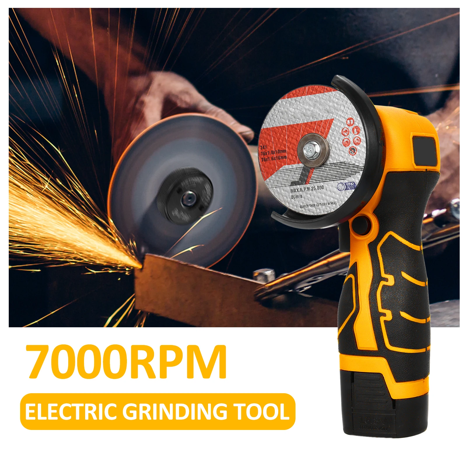 

Cordless Angle Grinder 7000RPM Electric Grinding Tool Mini Grinder with 2Pcs 16.8V 2000mAh Battery and Cutting Blade