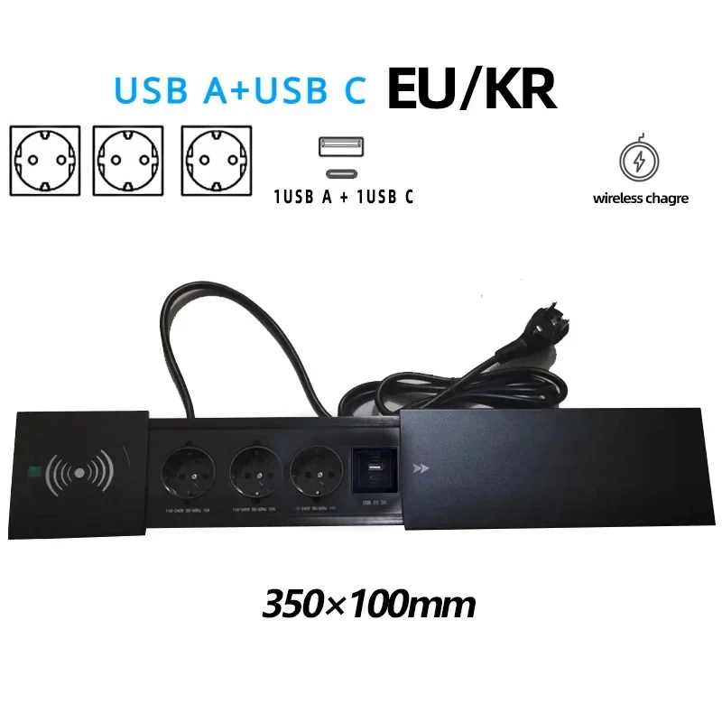 EU KR Table Hidden Socket Embedded 2 3 Outlets with USB RJ45 CAT6 Wireless Charge Multi Plug 10A 110~250V 2600W Black Socket