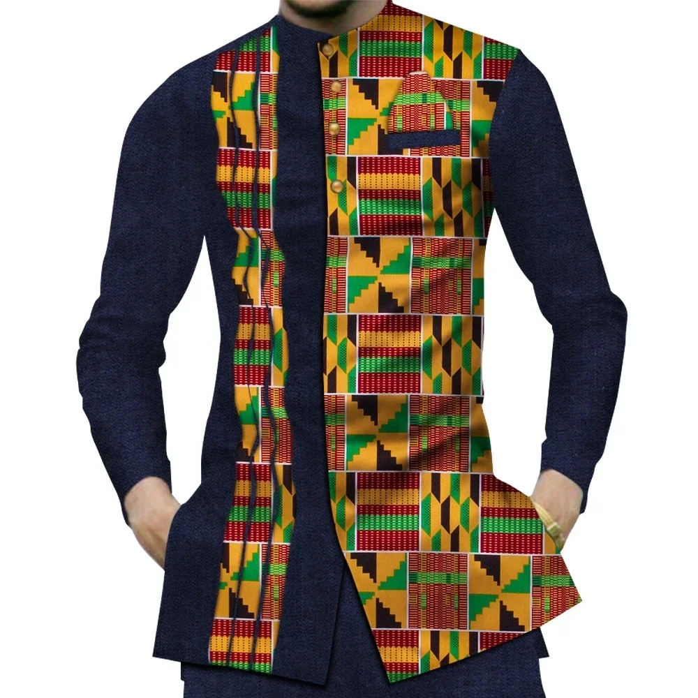 

Casual 100% Cotton Mens African Clothing Dashiki Patchwork Print Shirt Tops Bazin Riche Traditional African Clothes WYN380