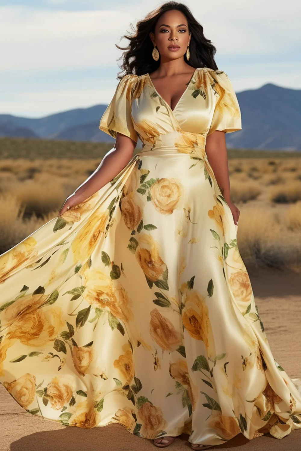 

Flycurvy Plus Size Yellow Wedding Guest Satin Floral Print Wrap Neck High Waist Maxi Dress