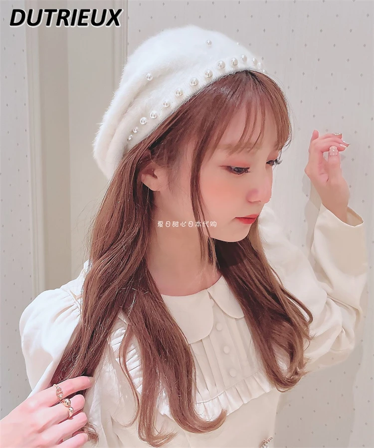 Japanese Style Original New Soft Imitation Mink Versatile Hat for Women Wimter Sweet and Cute Girls Strap Outdoor Beret Caps