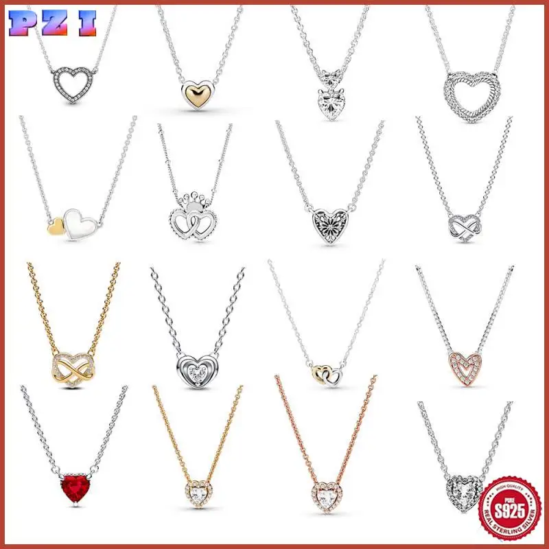 

Sterling Silver S925 FIT Heart Necklace Sparkling Infinity Heart Collier Neck Valentine's Day Gift