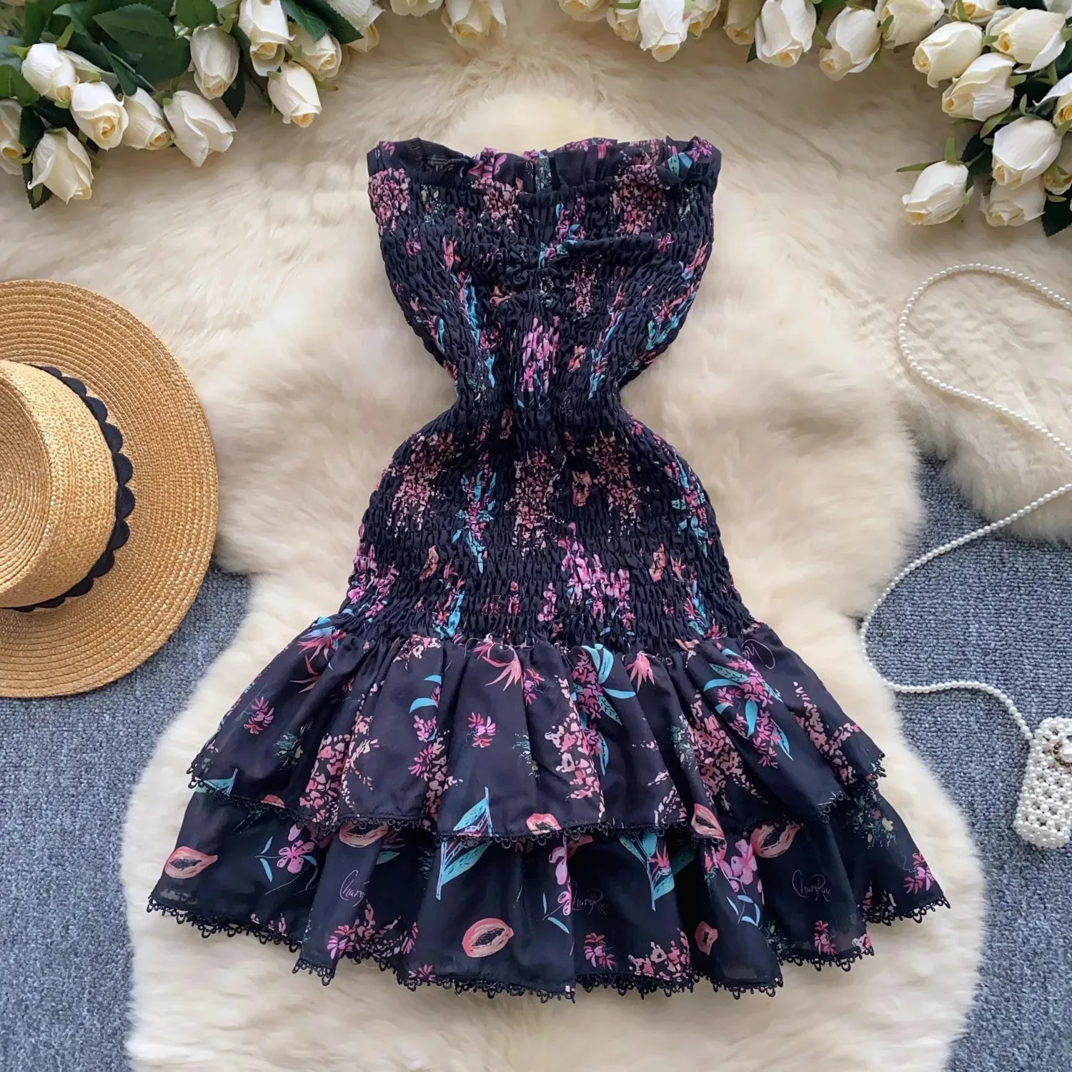 Summer Floral Sundress Holiday Halter Print Corset Short Dress Women Sexy Backless Ruffles Cake Vestidos Mini Flower Beach Robe