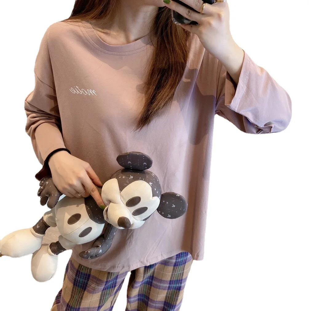 Women's Spring and Autumn Pajamas Two-piece Set of Solid Color Milk Silk Long Sleeve Pants Loose Comfortable Home Wear Women