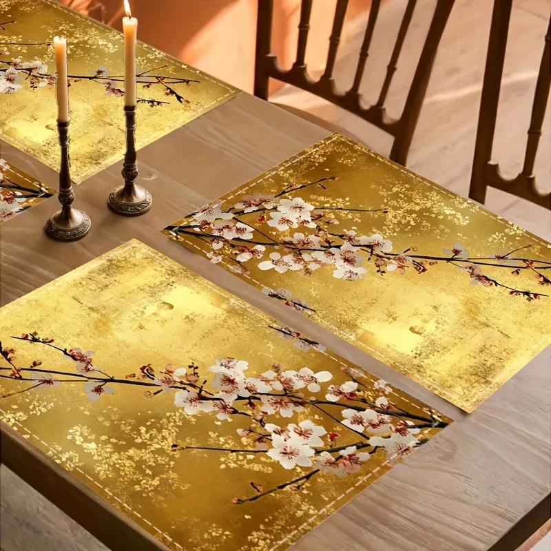 Of 1 Elegant Golden Chinese-Style Floral Placemats,Suitable for Family Gatherings, Parties, Kitchen, and Table Decoration