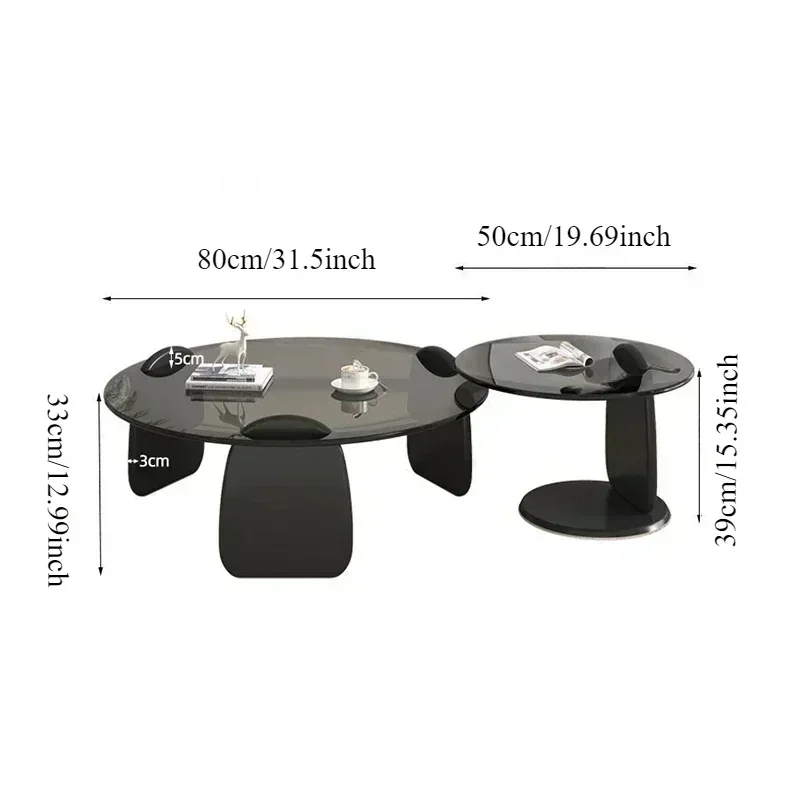 Black Glass Round Creative, Living Room Dining Table Easy To Clean, Multi Size Coffee Set, Side Table Office Cafe