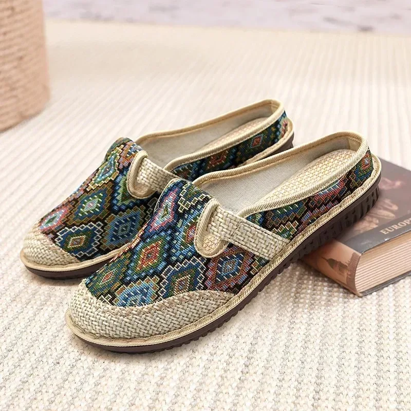 Fashion Women\'s Shoes Ethnic Style Embroidered Linen Breathable Outdoor Casual Slippers Shoes for Women