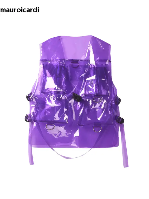 Mauroicardi Spring Autumn Short Cool Transparent Purple White PVC Leather Vest Men Luxury Designer Y2K Clothes Sleeveless Jacket - Image 6