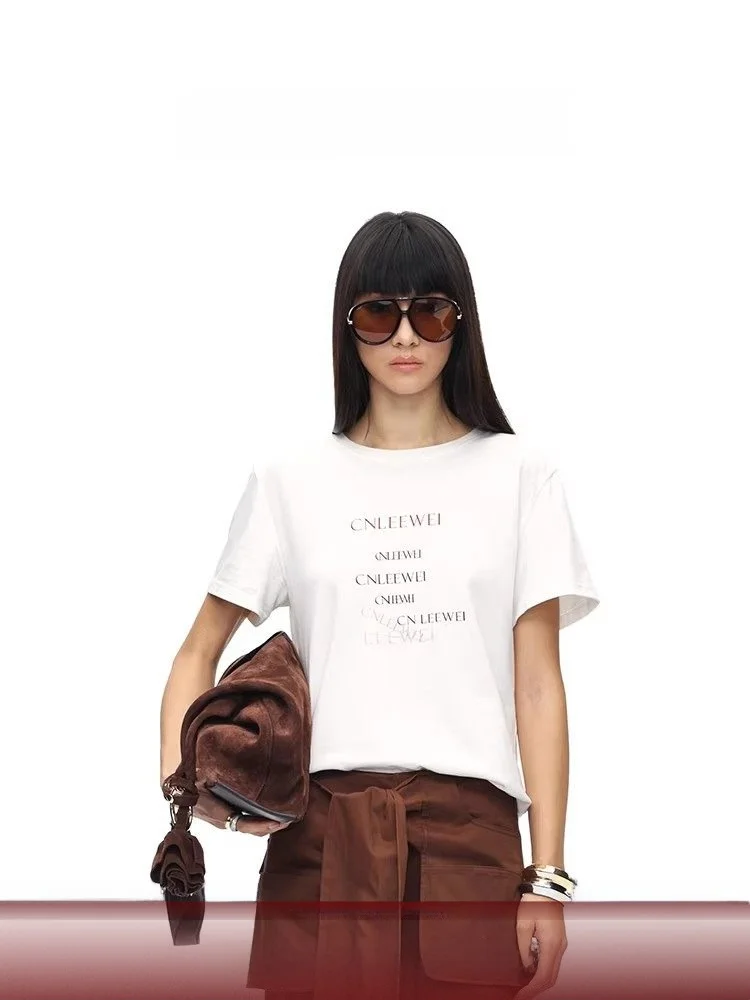 

Женская футболка CNWEI с принтом логотипа и надписью, летняя коллекция 2025, универсальная, приталенная, повседневная, с круглым вырезом, из хлопка