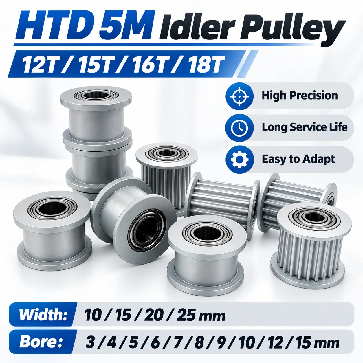 HTD 5M 12T/15T/16T/18T Idler Tensioner Pulley Bore 3-15mm Fit Belt Width 11/15/20/25mm Bearing Guide Synchronous Wheel