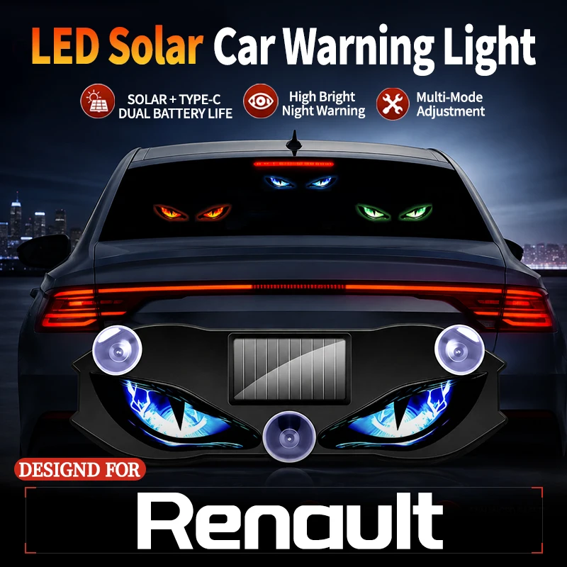 Fits For Renault Solar Powered Devil Eye Blinking Car Light Vibration Sensor Car Ambient Light Triangle Window LED Decoration