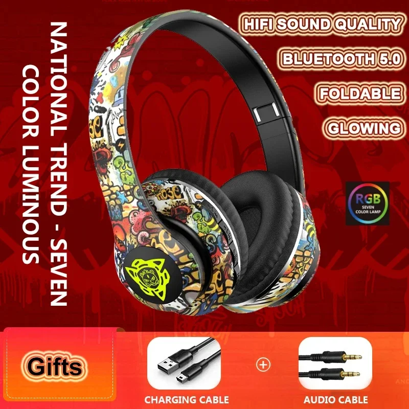 

LED Graffiti Foldable Wireless Headphones Noise Canceling Bass Headsets Gamer Earphones Support TF With Mic