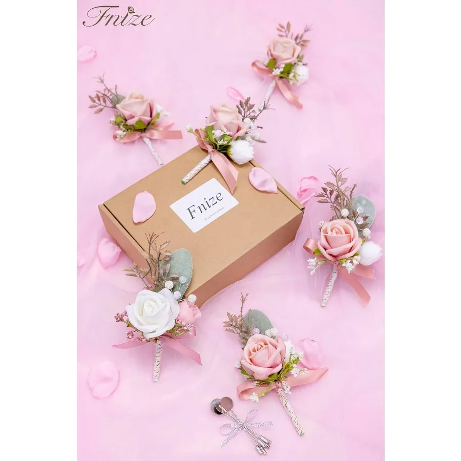 Boutonniere rosa para homens, 6 peças de flores artificiais para casamento, baile, evento de baile, detalhes florais elegantes e duráveis para groo