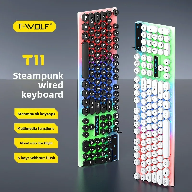T-WOLF T11 Retro Punk Round Keycaps USB Wired Gaming Keyboard, 104 Keys Colorful RGB Backlight For PC Laptop Office Gift Choice