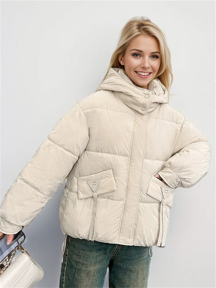 New Winter 2024 Down Cotton Suit Women Cropped Hooded Loose Fit Fashionable And Sweet Padded Clothes Thicken The Bread Jacket