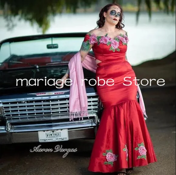 Vintage mexica Charro sirena vestidos de fiesta de graduación de celebridades personalizado rojo 3D apliques florales vestido de recepción de noche tradición