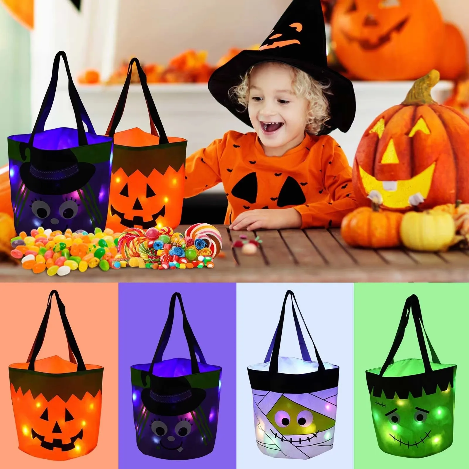 

Diverse LED Light Halloween Trick Or Treat Bucket Pumpkin Candy Bags Collapsible Halloween Basket For Thanksgiving Party Basket