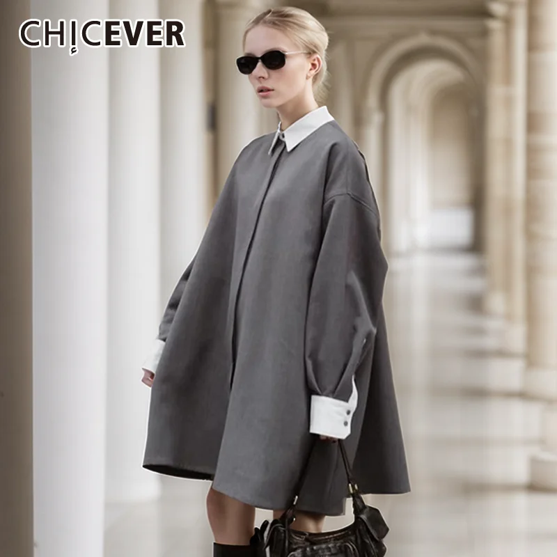 

CHICEVER Japan Style Casual Short Dresses For Women Lapel Batwing Sleeve Spliced Buttons Hit Color Retro Oversize Dress Female