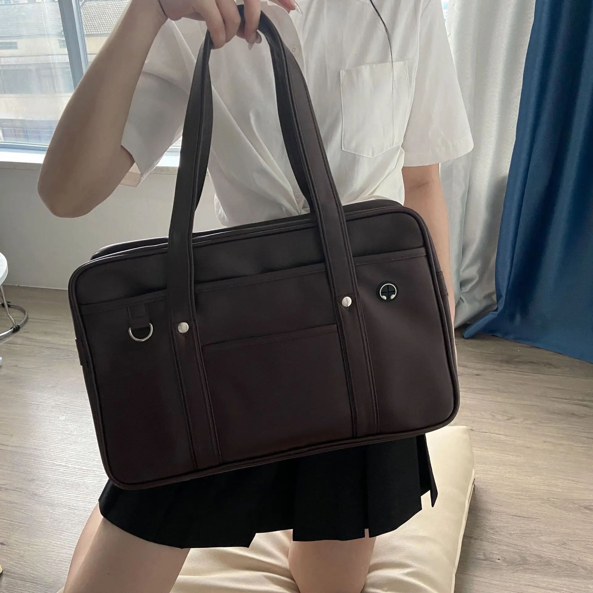 Japanese Handbags Students Handheld School Bag Soft PU Leather Uniform Shoulder Bag Large Capacity Waterproof Commuting Tote Bag