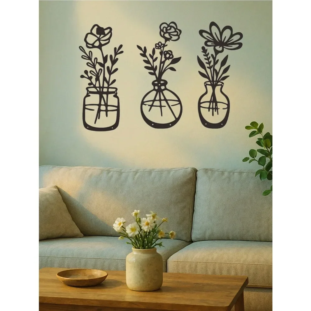 Moderne Schwarze Metall-Wanddekoration mit Vase, 3-teilige Blumen-Wandkunst für Wohnzimmer, Wasserfeste Rostfreie Heimdekoration