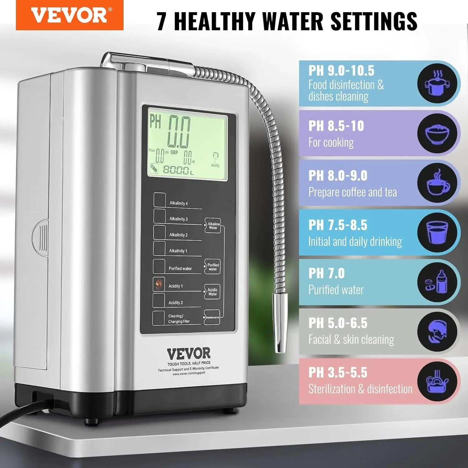 Water Ionizer, 7 Water Settings Alkaline  Machine,  Ionizer Machine 8000L Per Filter, pH3.5-10.5 Kangen