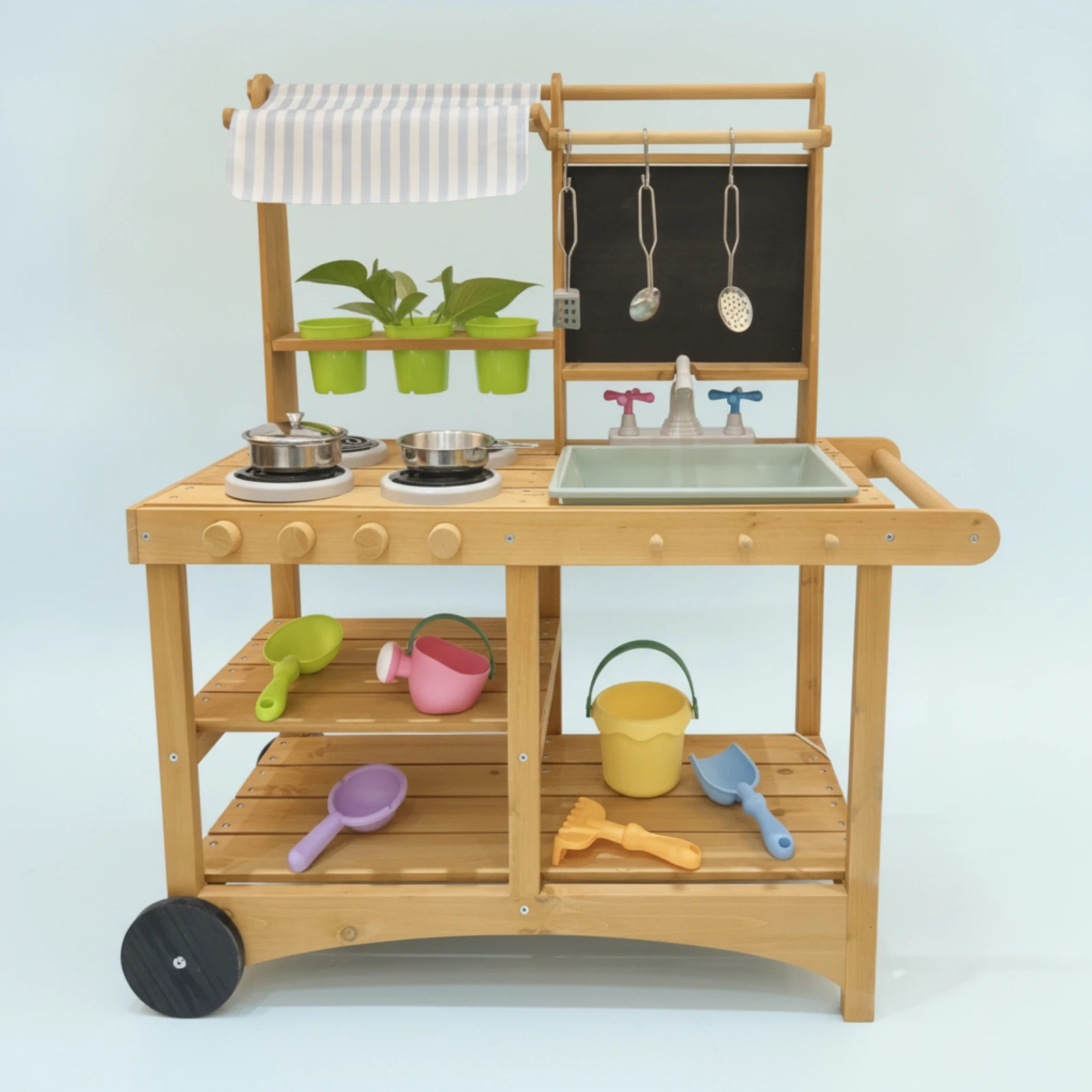 Wooden Play Kitchen with Canopy Interactive Pretend Kitchen Playset Mobile Toy Kitchen for Outdoor Playroom Use