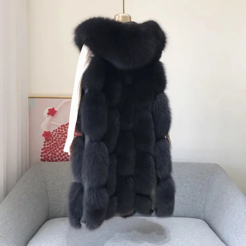 Jaxmonoy Natural Fox Fur Vest Hood Women Genuine Fox Fur Sleeveless Hooded Jacket Full Pelt Lady Real Fox Fur Gilet with Hood