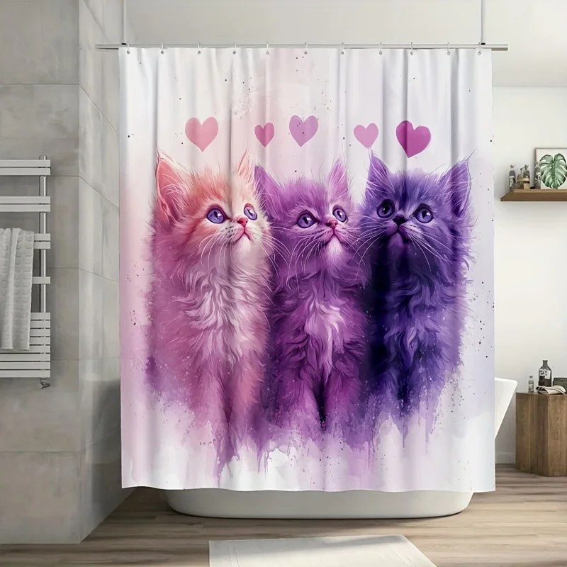 

1 шт. пастельная розовая и фиолетовая занавеска для душа с изображением кота, прочный полиэстер, легко чистится, с крючками, идеально подходит для декора ванной комнаты и окон