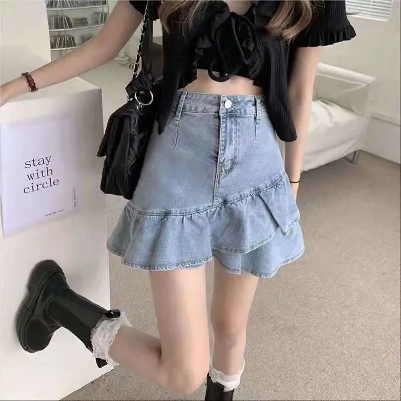 Denim Skirt Women Fashion New Korean Style Students Summer All-match Mini Lovely Ruffles Design Niche Asymmetrical High Street