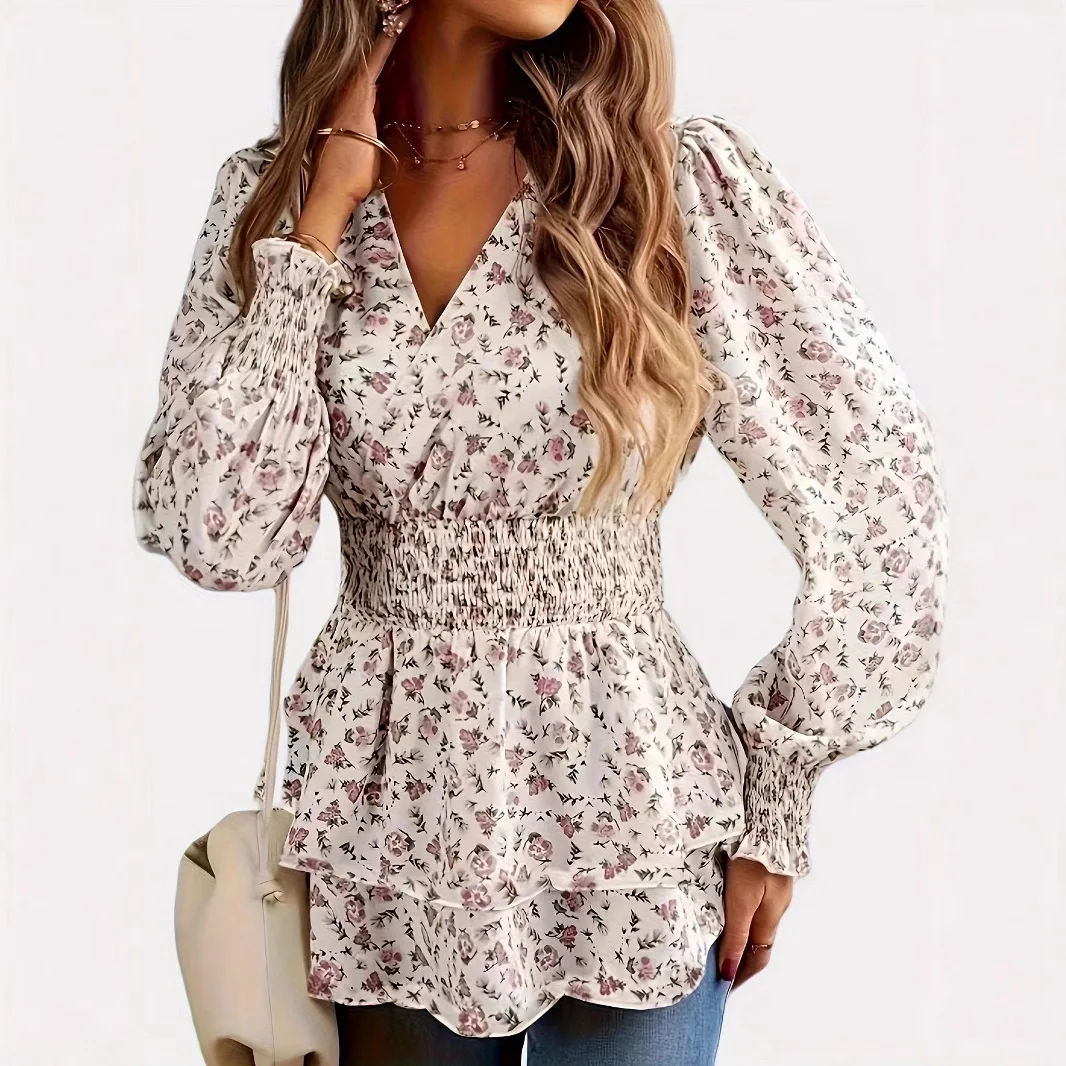 เสื้อยืดผู้หญิงแขนยาวคอไขว้เอวยางยืดพิมพ์ลาย รุ่นใหม่ ปี 2025