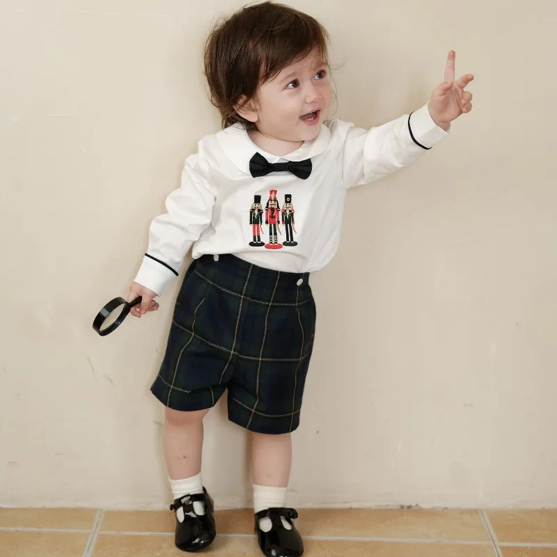 

Ins, одежда ручной работы для мальчиков на день рождения, рубашка с длинными рукавами с вышивкой + шорты в клетку, британский бутик, детская одежда, осень