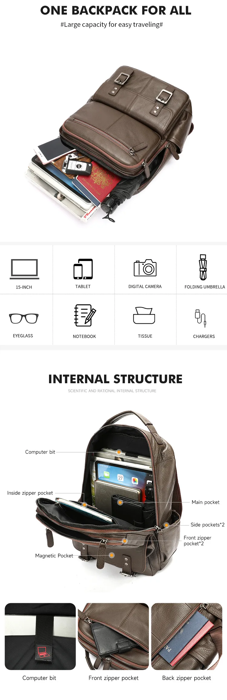 Business-Reiserucksack aus hochwertigem Rindsleder, 15-Zoll-Laptop-Rucksack für Herren – Detail 3