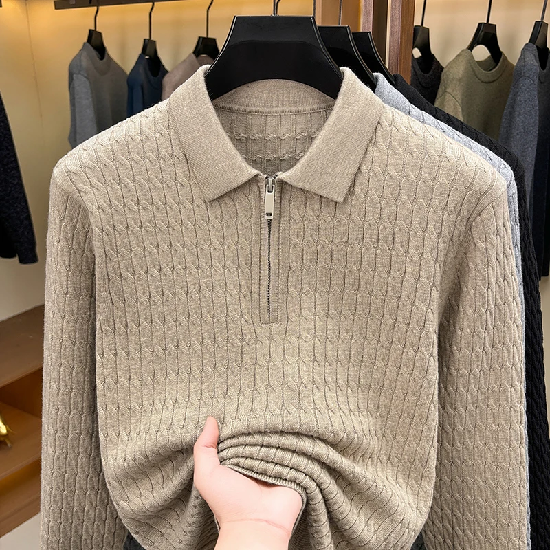 High Quality Long Sleeve Polo Collar Sweater Autumn Fashion Zipper Luxury Brand Classic Jacquard Simple Casual Knitted Pullover