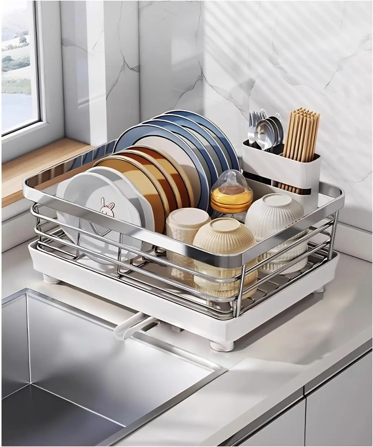 Kitchen Countertop Dish Rack - Stainless Steel Dish Rack with Drain Tray, Large Sink Dish Rack with Utensil Holder, Silver