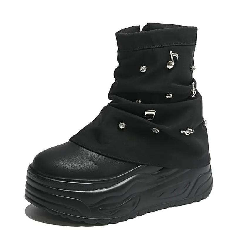 8cmヒール-レディース-ミドル丈ブーツ-厚底-モダンブーツ-パンクスタイル-スクエアトゥ-サイドジップ-スクエアヒール-シューズ