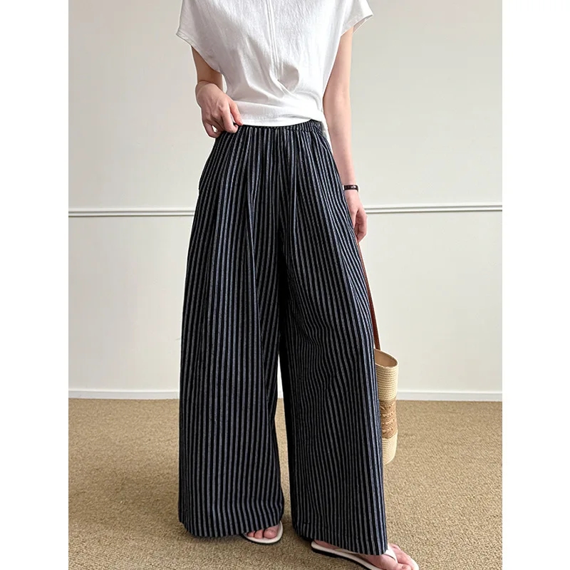 صيف جديد بسيط عمودي مخطط عارضة السراويل النسائية فضفاضة واسعة الساق الطابق التطهير السراويل #5