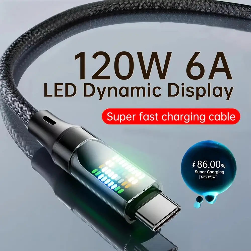 1Pc 120W A6 Fast Charge Cord 6A USB-A To Type-C Nylon Data Cable With Bright LED Display USB C Cable Designed For Xiaomi Samsung