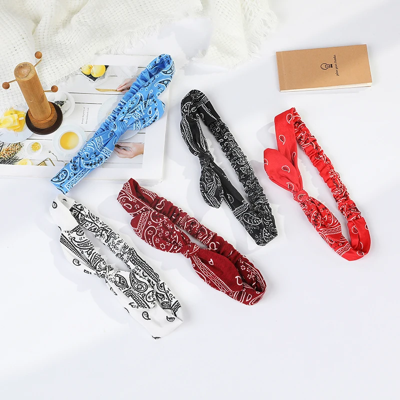 Boho Bow 머리띠 여성용 빈티지 Paisley Bandana 꽃 프린트 Hairband 탄성 토끼 귀 머리 랩 귀여운 헤어 액세서리