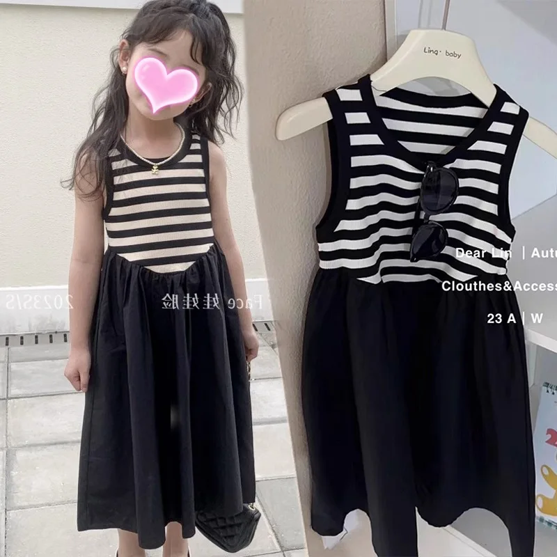 

2024New Girls' Sundress Summer Black and White Striped Stitching Children Sleeveless Vest Dress Tide