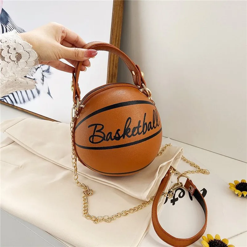 Personality INS Women Football Bag Soft PU Leather Round Crossbody Thick Chain Hand Bags And Purses Female Basketball Bag