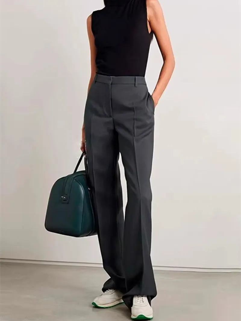 Women Gray High Waist Straight Suit Pants Spring Autumn New Female Wool Blend Skinny Trousers All-Match