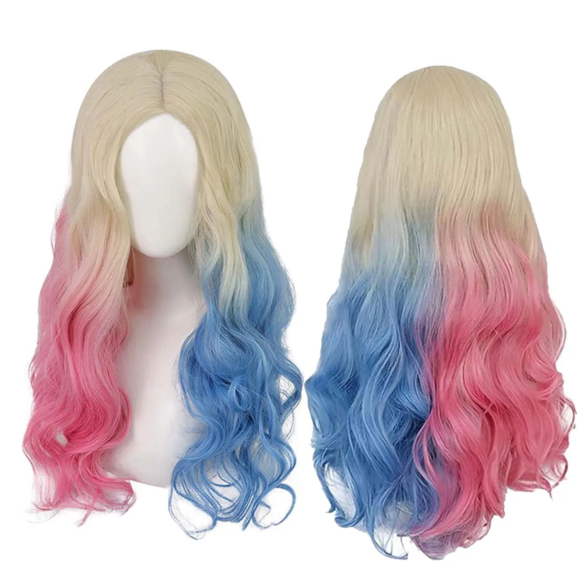 Women Halloween Carnival Cosplay Harley Quinn Blue Pink Long Wavy Synthetic Hair Wig