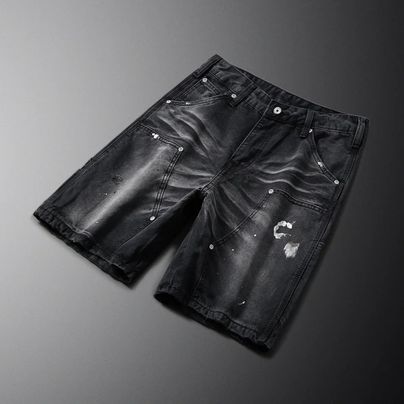 Stylish denim shorts for men, American-style loose straight-cut denim shorts with a unique paint pattern, standout men's clothin