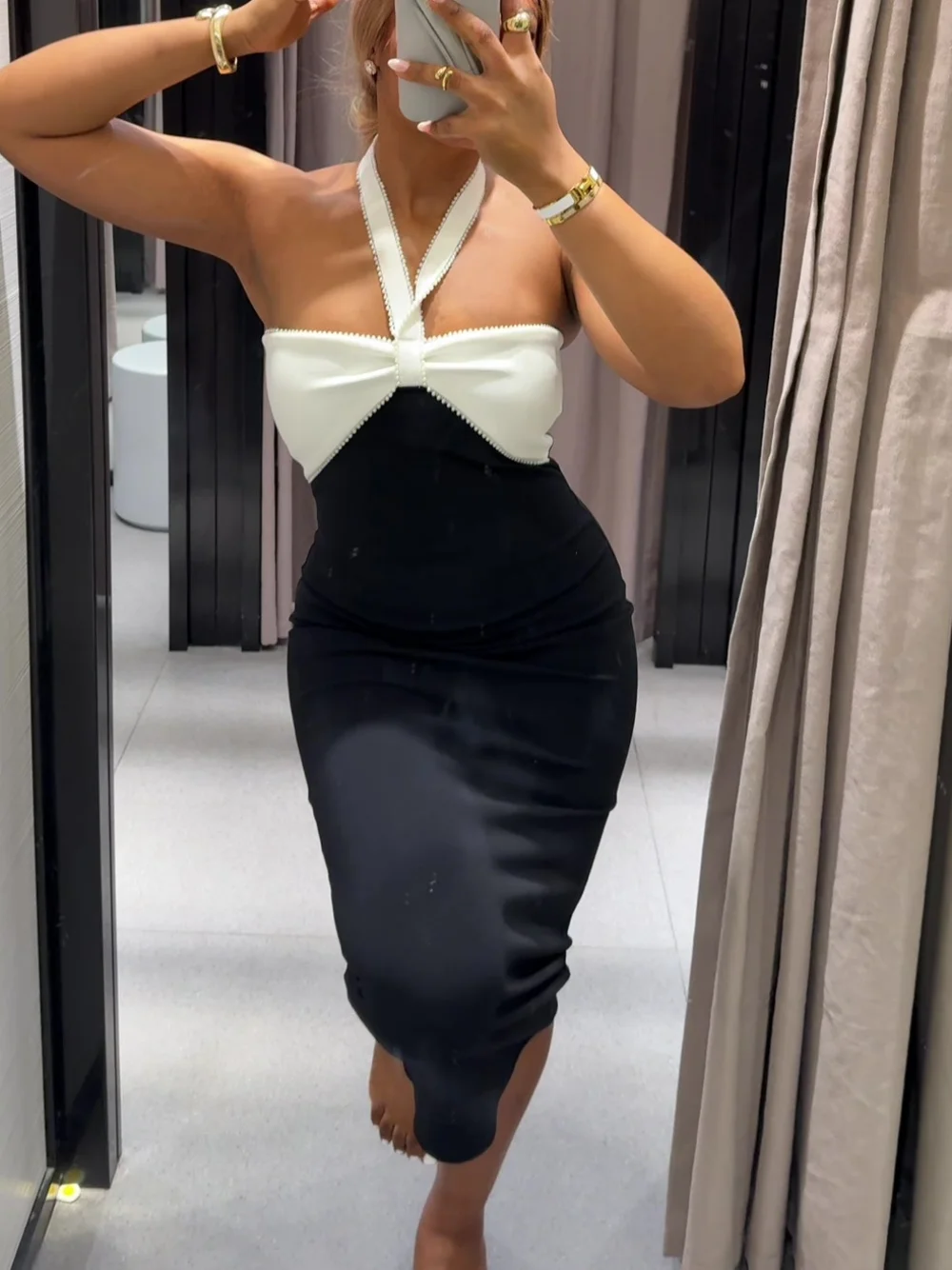 

Women's Slim Fit Off-Shoulder Sleeveless Midi Dress Beaded Bow Decoration Retro Elastic Hanging Neck Fashion Dress