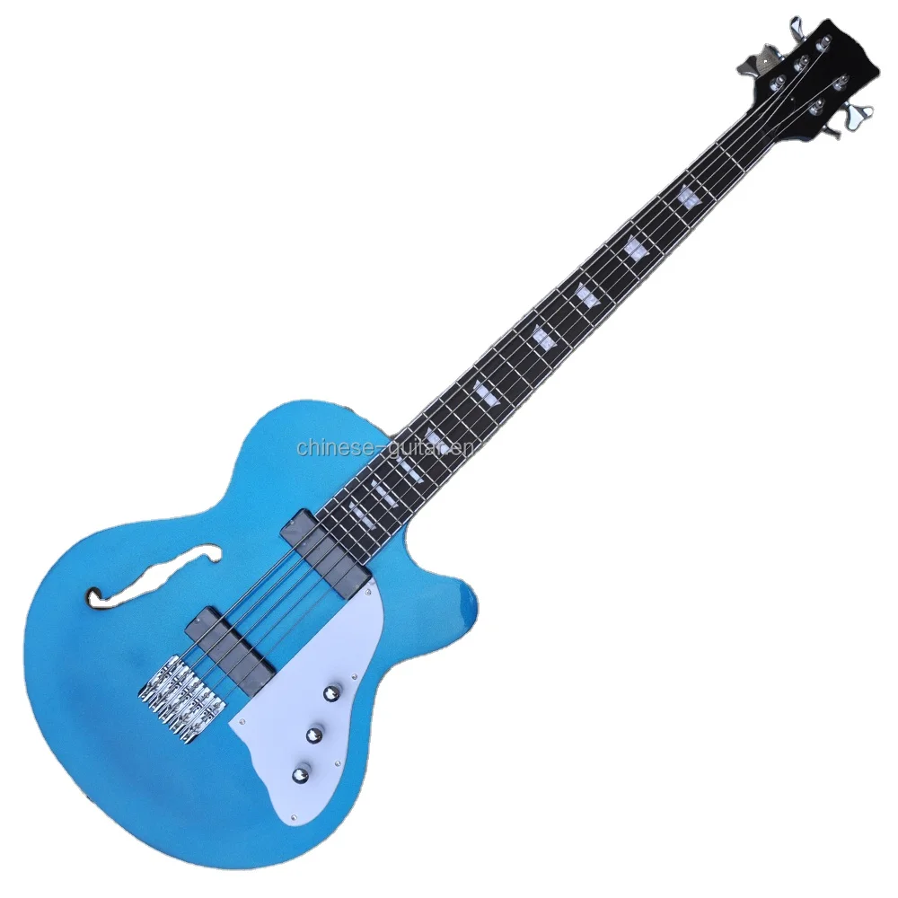 Flyoung Side Hole Style Electric Bass Metal Blue 5 Strings Electric Bass Guitar Semi Hollow Body Bass