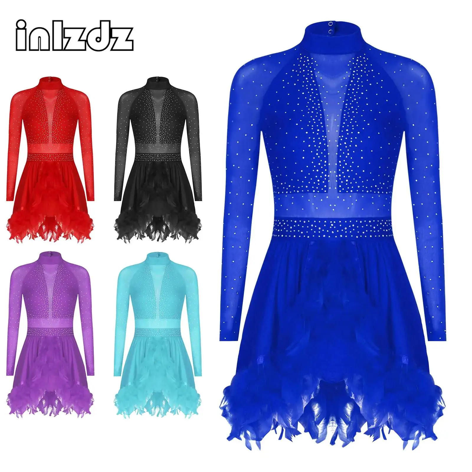 

Adults Women Feathered Lyrical Latin Dance Dress Shiny Rhinestones Adornment Long Sheer Mesh Sleeve Back Cut Feathered Hem Dress