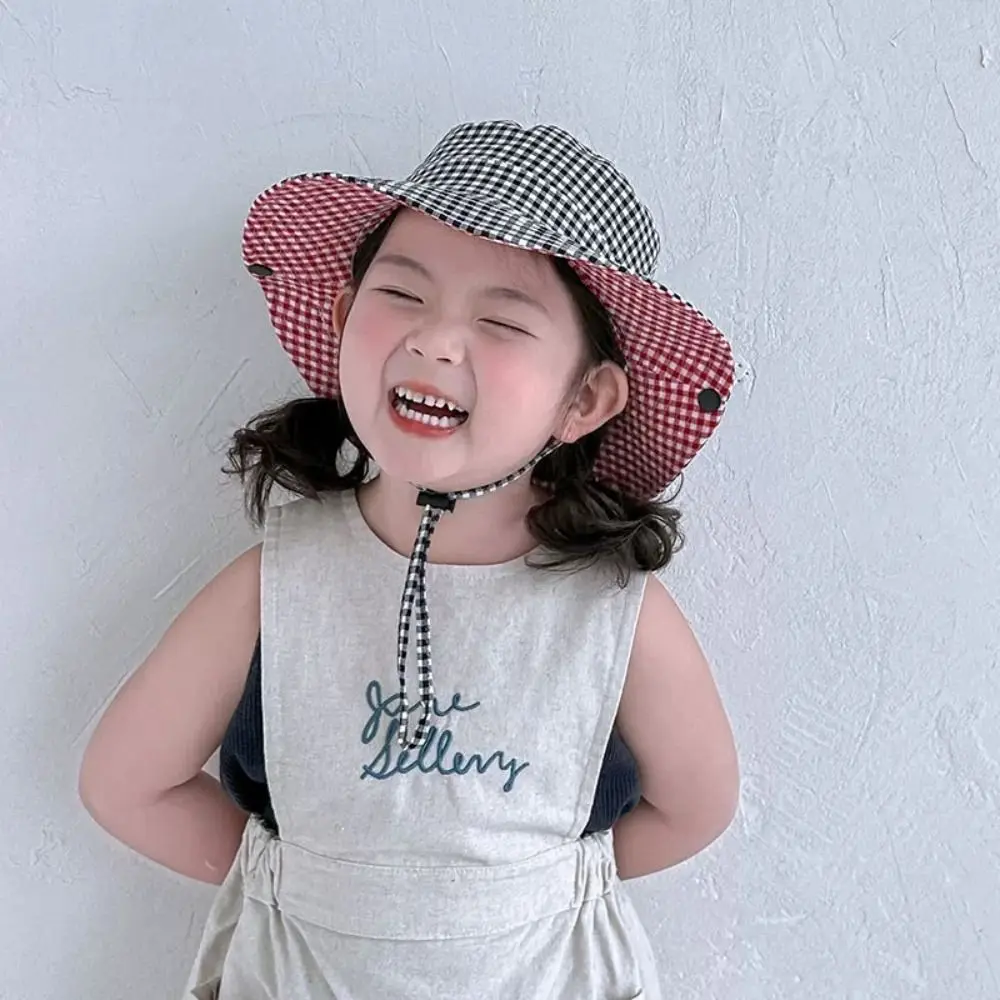 

Soft Drawstring Boys Girls Bucket Cap Double Sided Anti-UV Children Fisherman Hat Lattice Casual Baby Sun Hat Boy/Girls